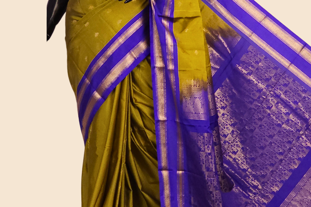 Semi Gadwal saree with horizontal zari motif stripes and zari woven gap borders
