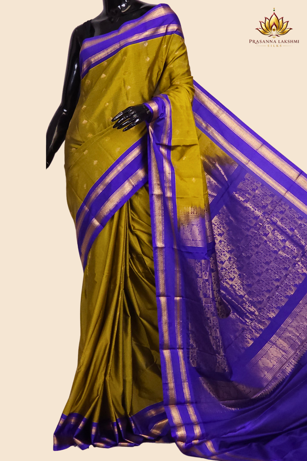 Semi Gadwal saree with horizontal zari motif stripes and zari woven gap borders
