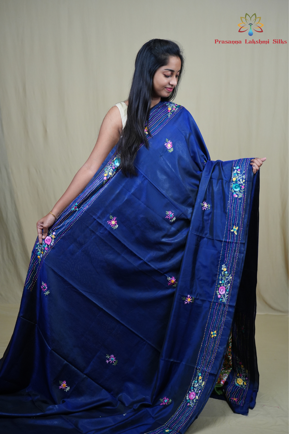 Traditional semi Tussar saree suitable for festive occasions with intricate Parsi work detailing.