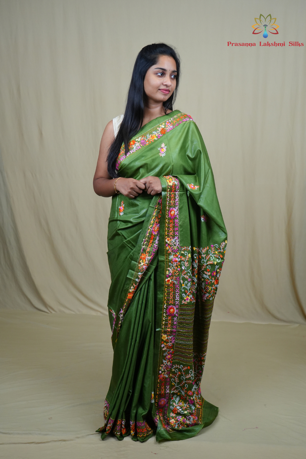 Semi Tussar saree with all-over thread woven motifs and rich Parsi work pallu.
