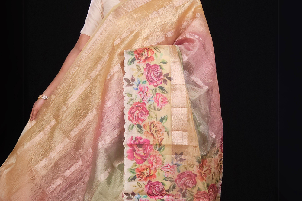 yellow Crush tissue saree with allover zari lines and digital printed pallu