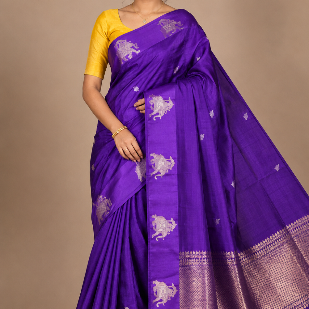 Pure Banarasi Raw Mango Silk saree with allover zari motifs and cow motif border
