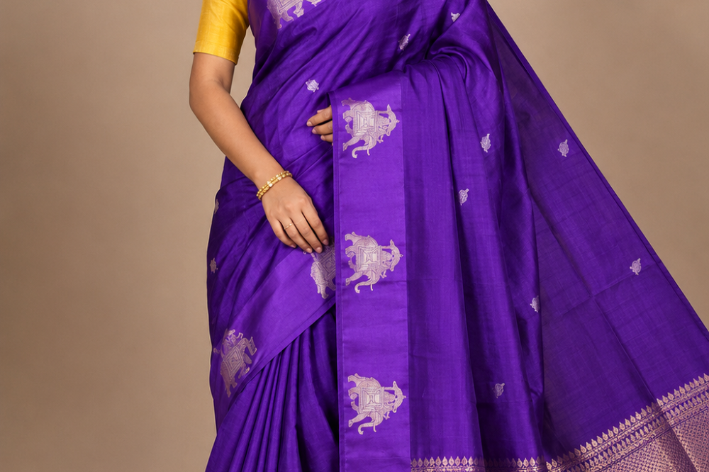 Pure Banarasi Raw Mango Silk saree with allover zari motifs and cow motif border
