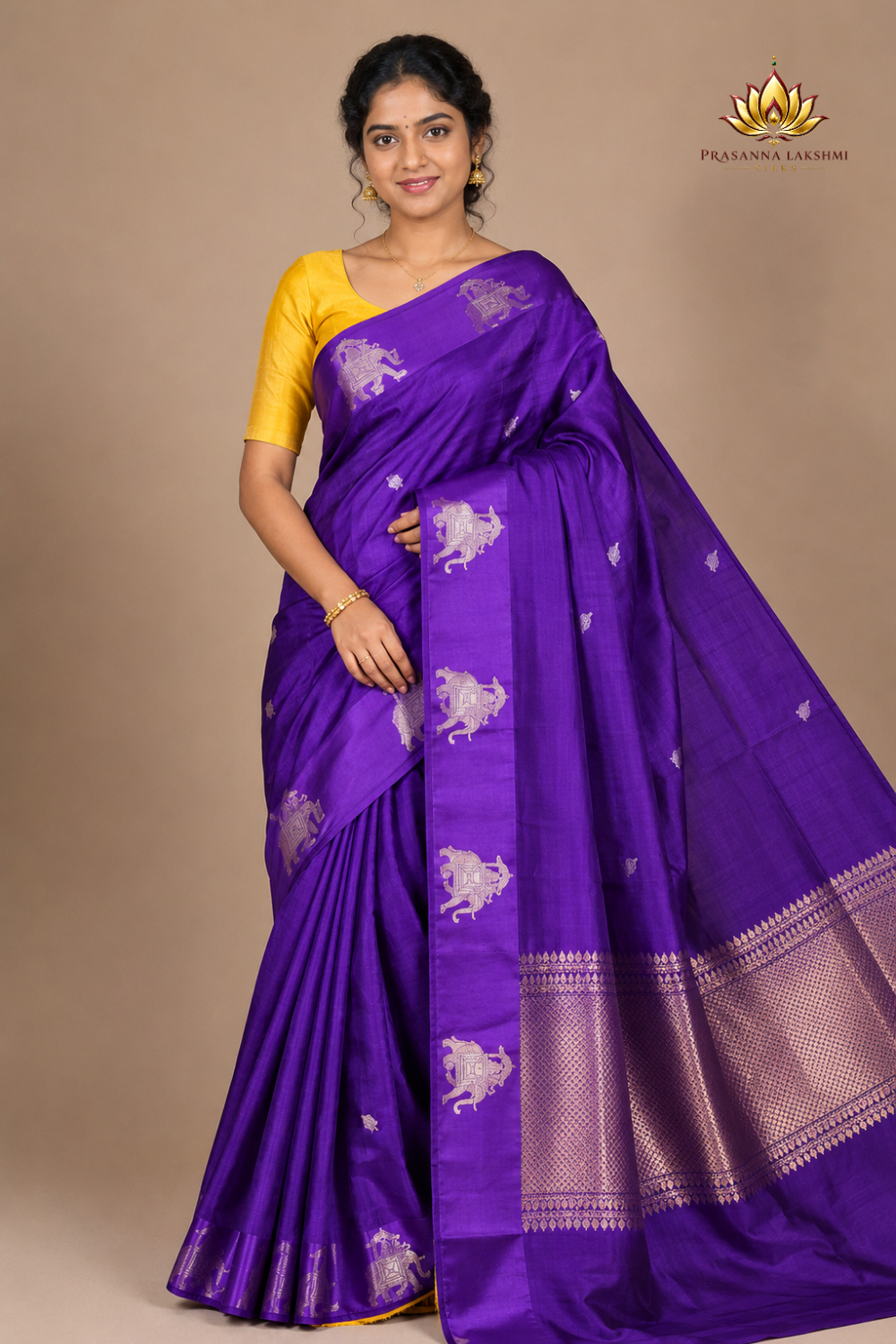 Pure Banarasi Raw Mango Silk saree with allover zari motifs and cow motif border
