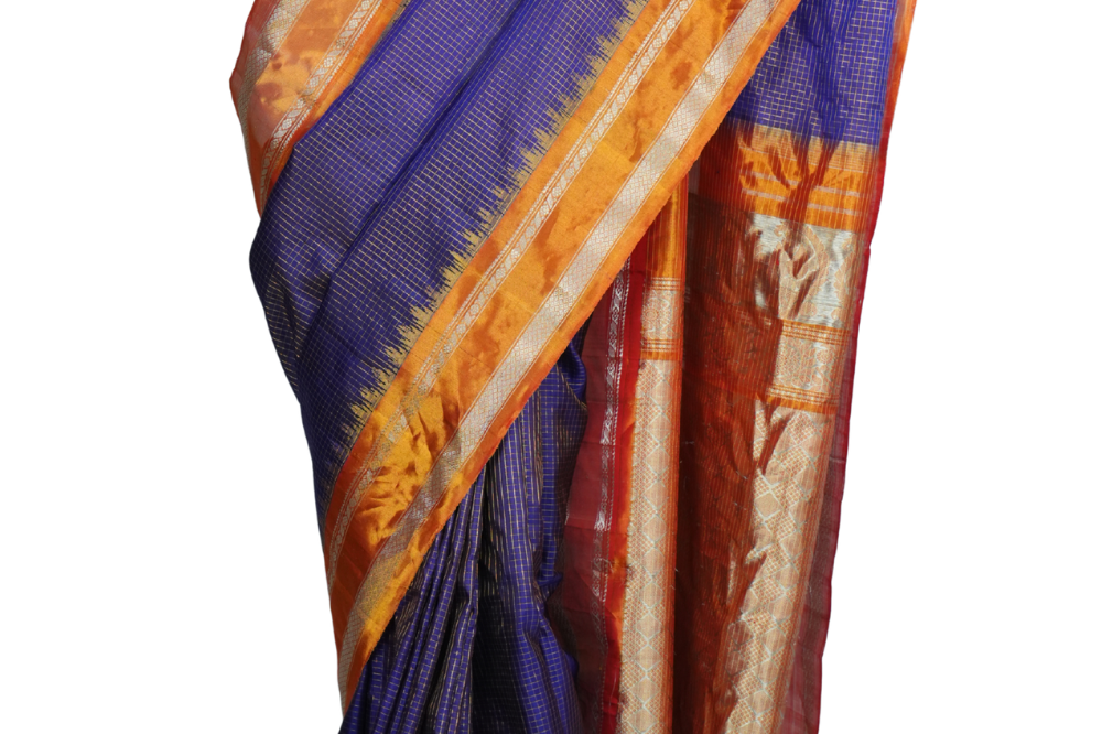 Handloom Gadwal pure tissue silk saree with intricate zari motifs and muniya borders.
