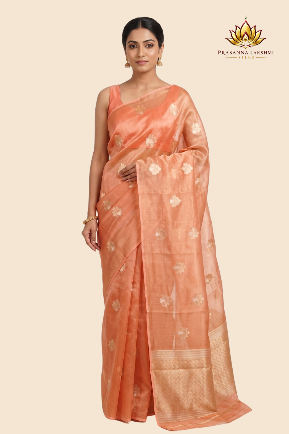 Kora tissue saree with allover gold flower motifs and silver highlights
