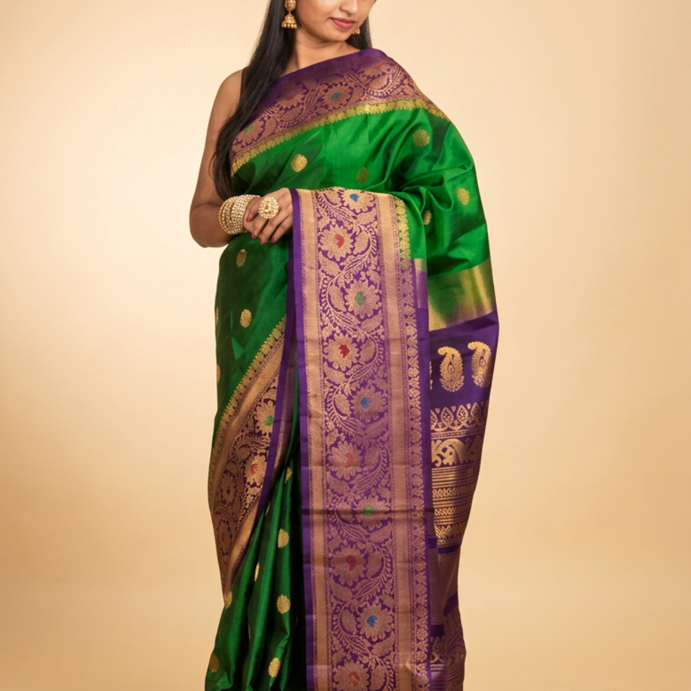 Premium Gadwal Silk Saree with woven zari motifs, luxurious brocade pallu, meenakari turning border, and matching contrast blouse.

