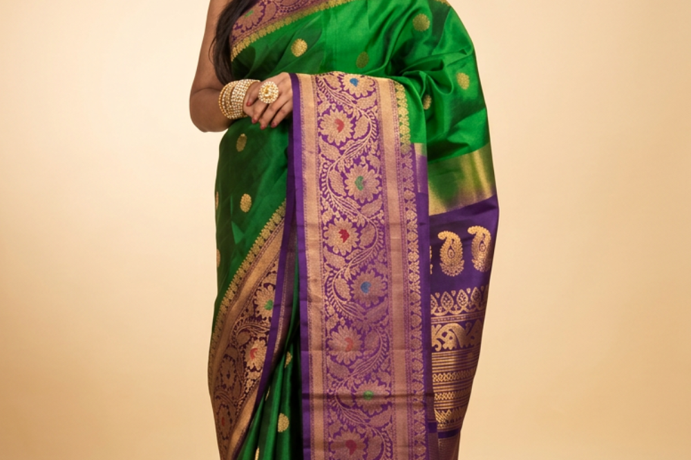 Premium Gadwal Silk Saree with woven zari motifs, luxurious brocade pallu, meenakari turning border, and matching contrast blouse.
