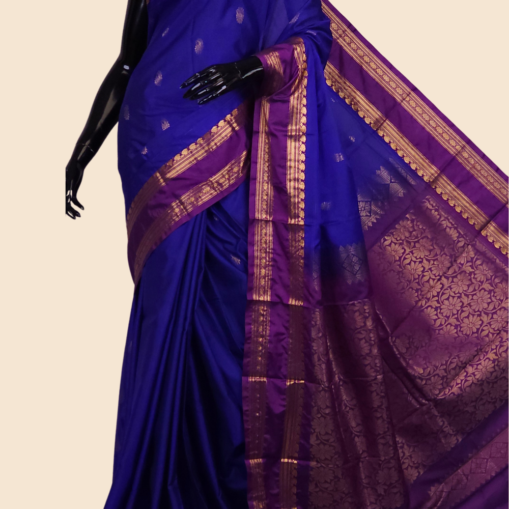 Semi Gadwal saree with horizontal zari motif stripes and zari woven gap borders
