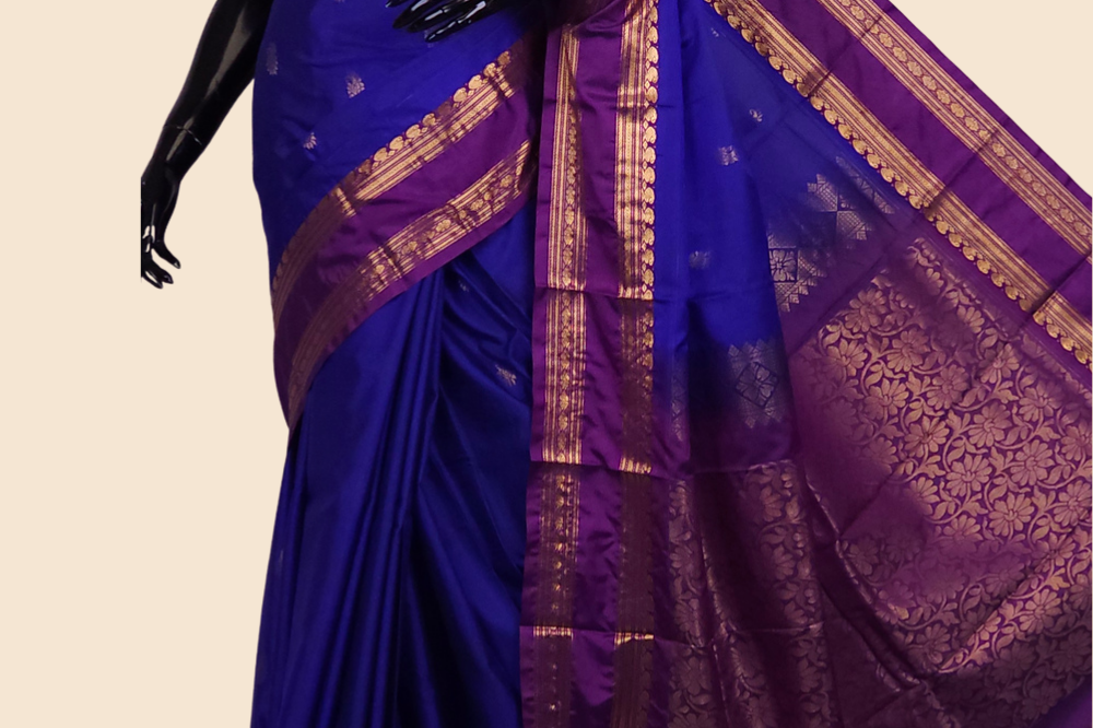 Semi Gadwal saree with horizontal zari motif stripes and zari woven gap borders
