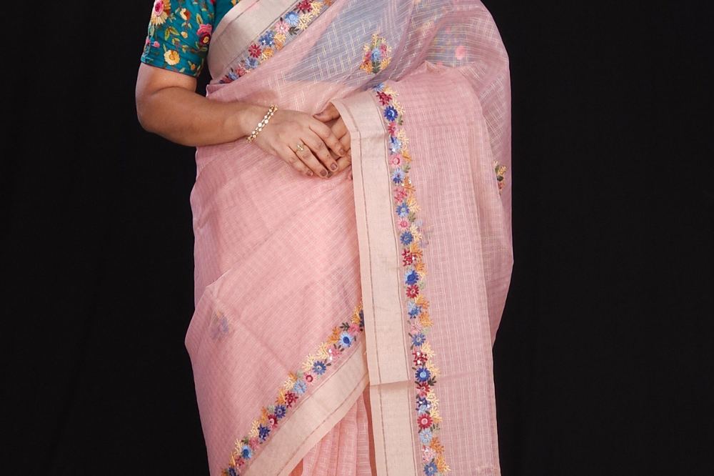 Baby Pink Designer organza saree with embroidered borders