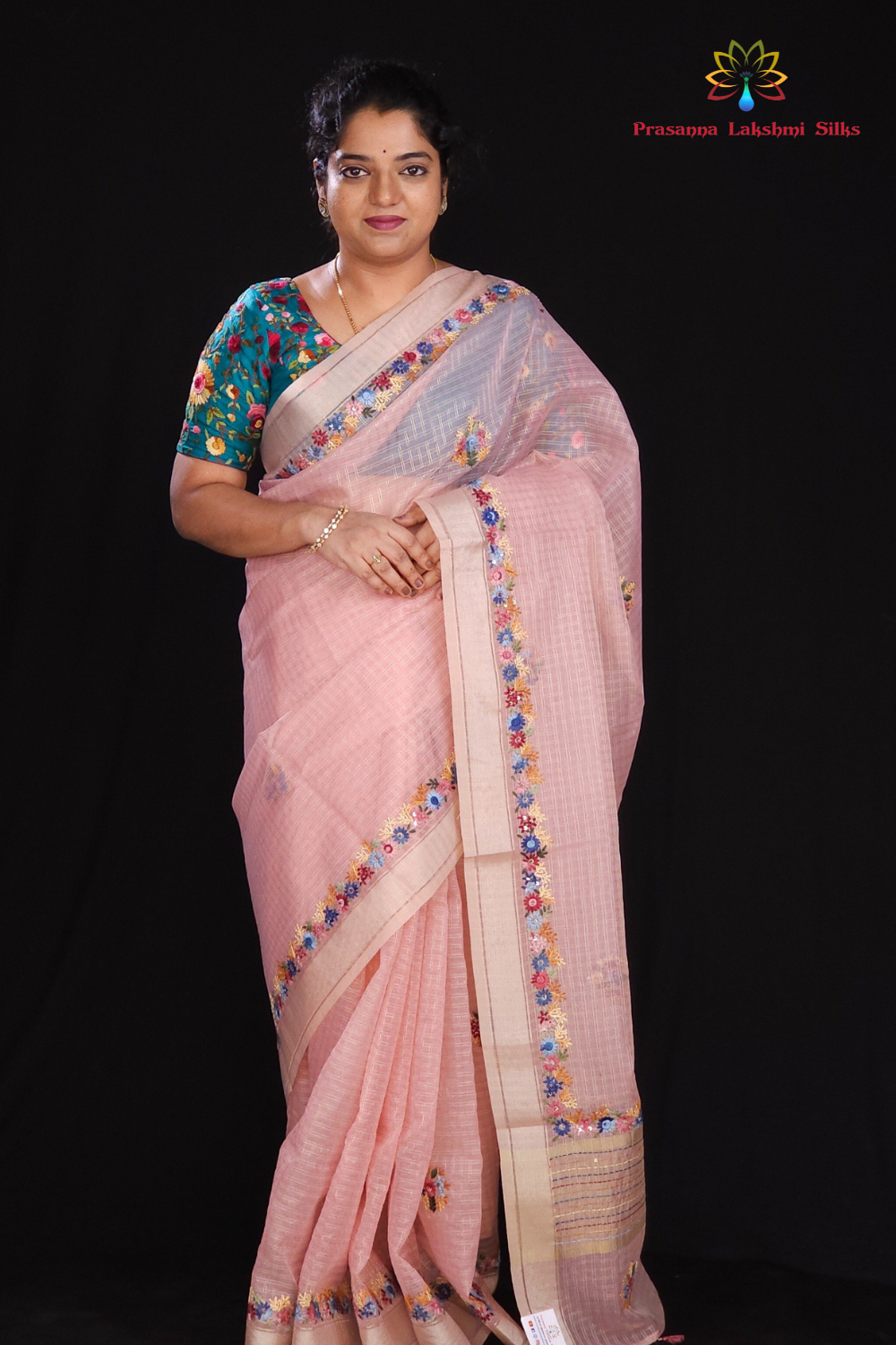 Baby Pink Designer organza saree with embroidered borders