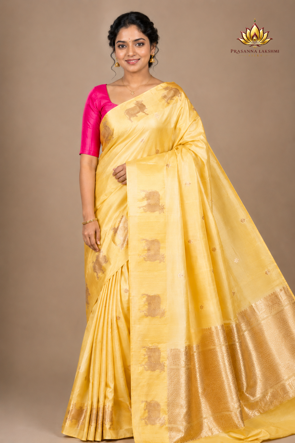 Pure Banarasi Raw Mango Silk saree with allover zari motifs and cow motif border

