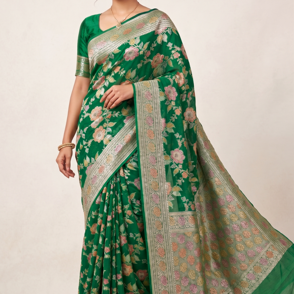 Handloom pure Banarasi khaddi georgette saree with antique meenakari weave