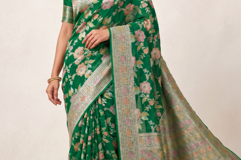 Handloom pure Banarasi khaddi georgette saree with antique meenakari weave