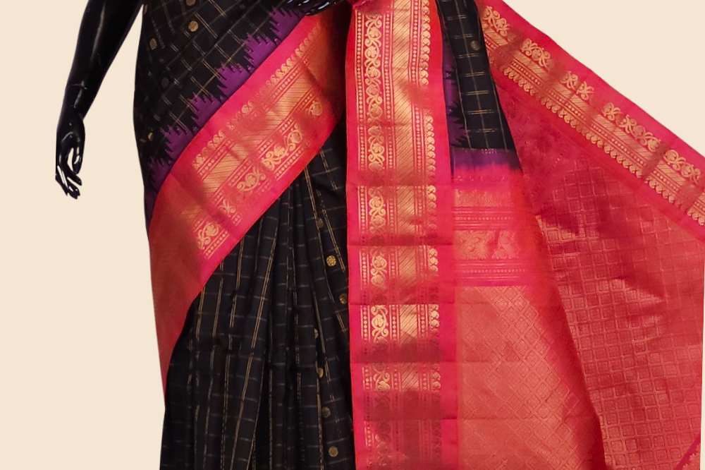 Handloom Gadwal pure silk saree with classic checks pattern and rich zari brocade pallu.
