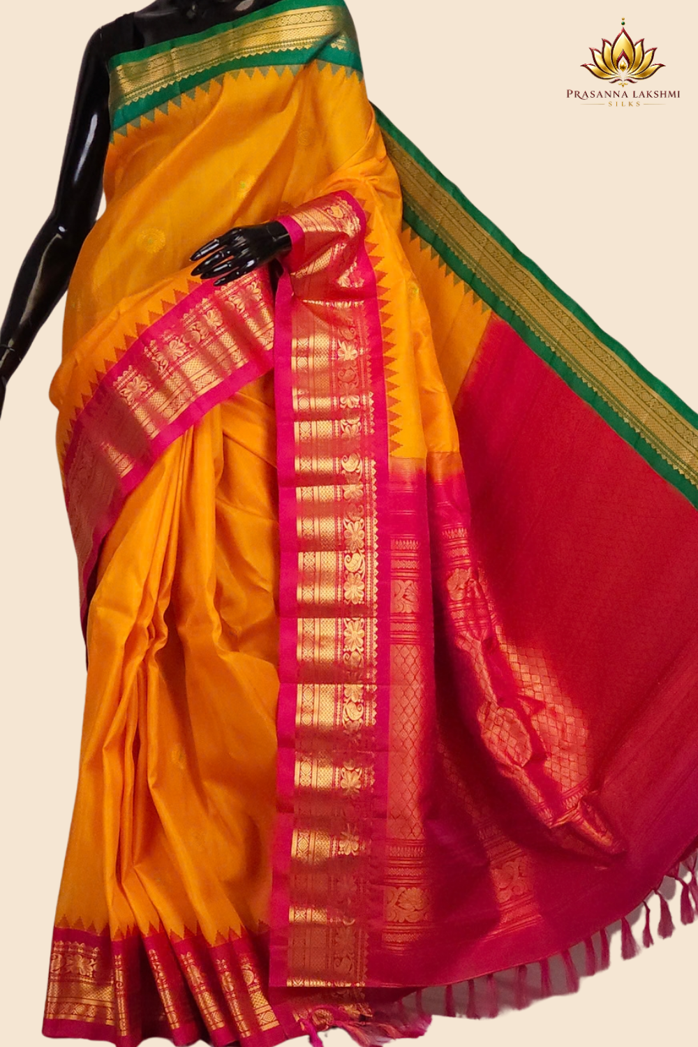 Handloom Gadwal pure silk saree with zari woven motifs

