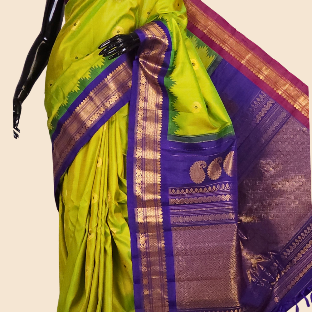 Handloom Gadwal pure silk saree with zari woven motifs
