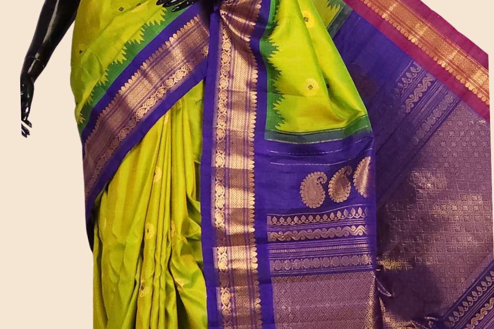 Handloom Gadwal pure silk saree with zari woven motifs
