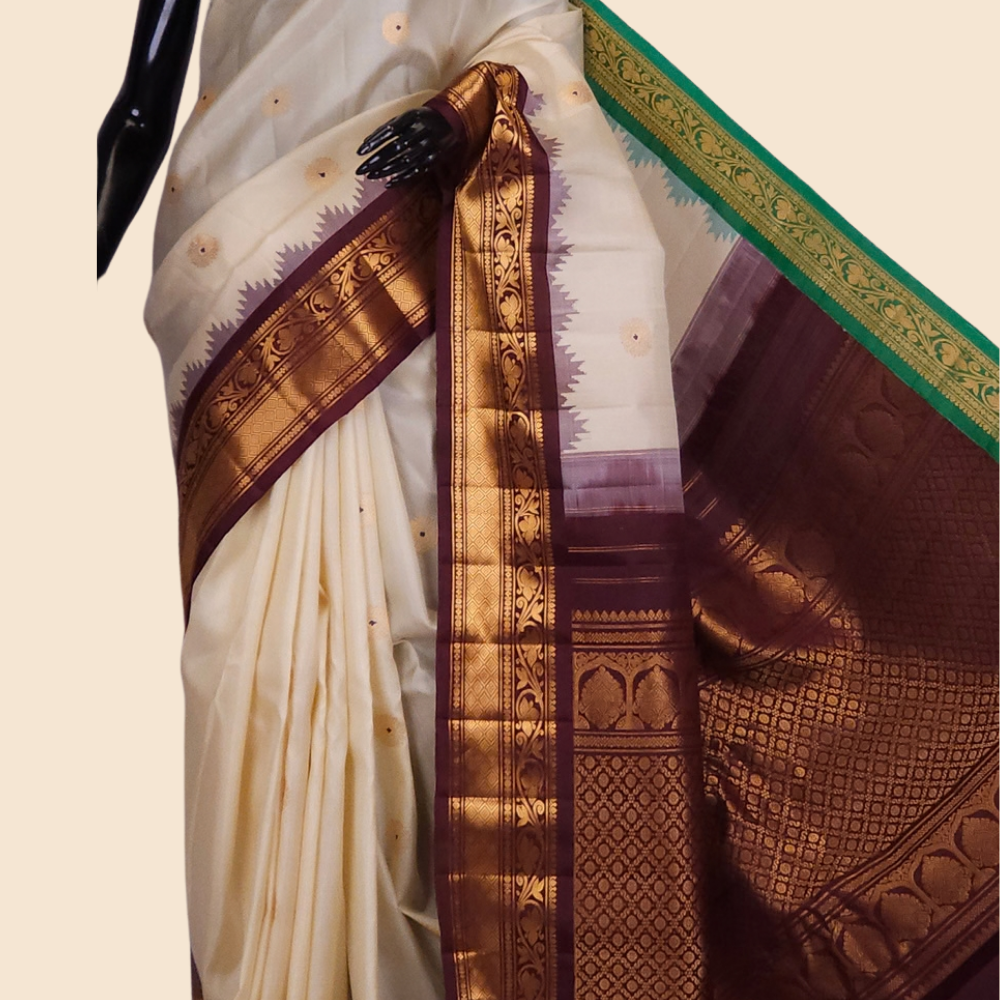 Handloom Gadwal pure silk saree with zari woven motifs
