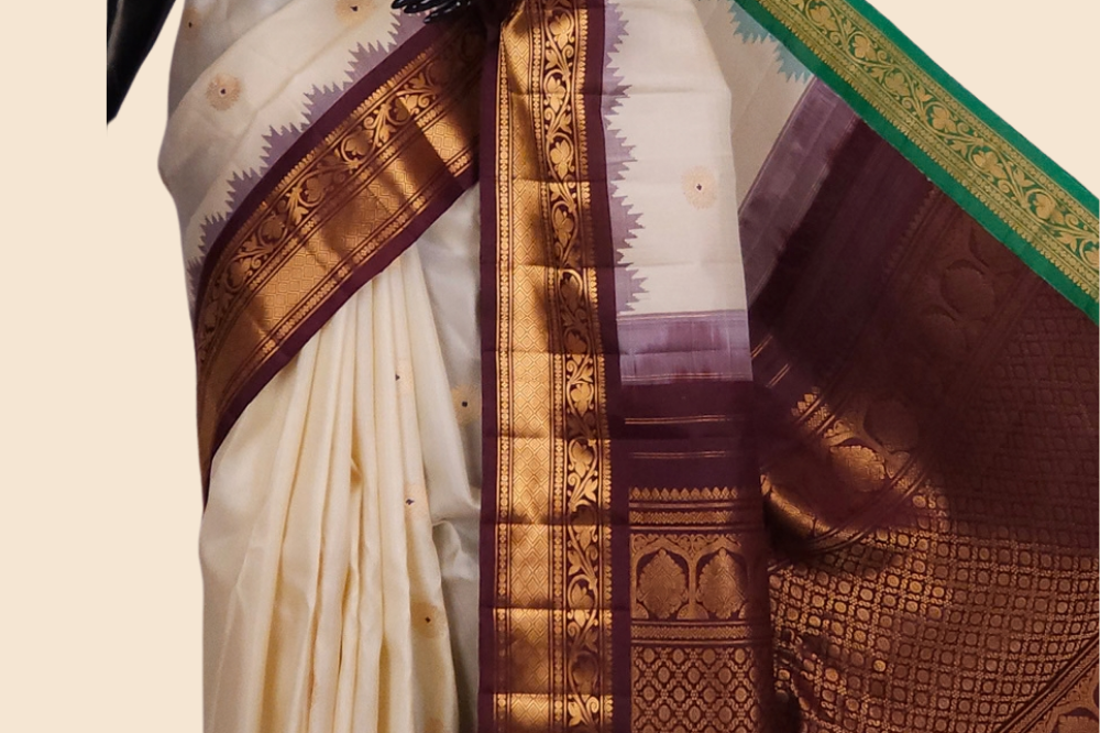 Handloom Gadwal pure silk saree with zari woven motifs
