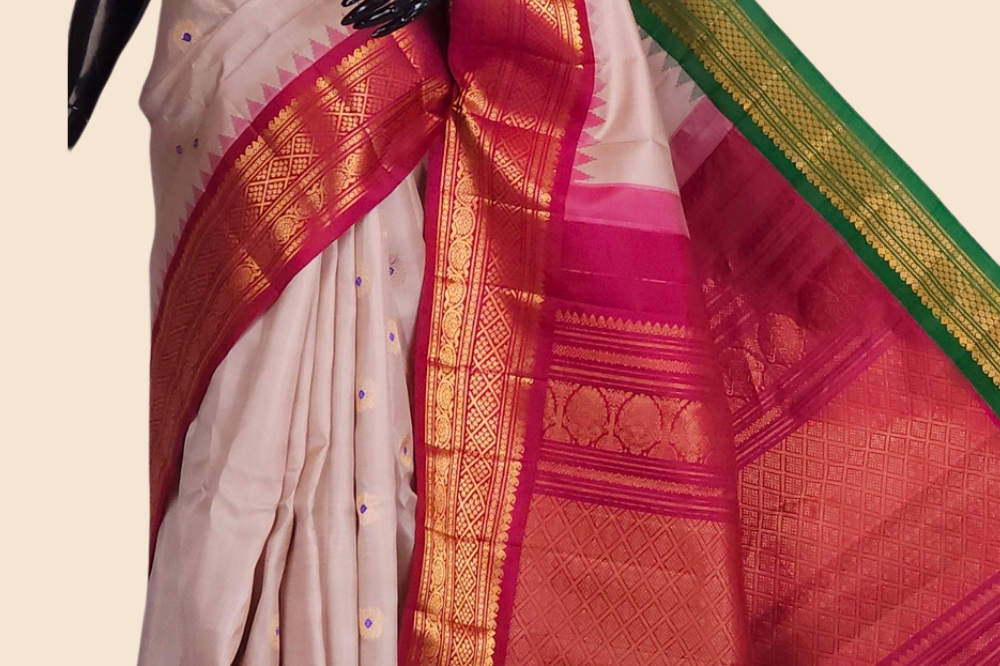 Handloom Gadwal pure silk saree with zari woven motifs
