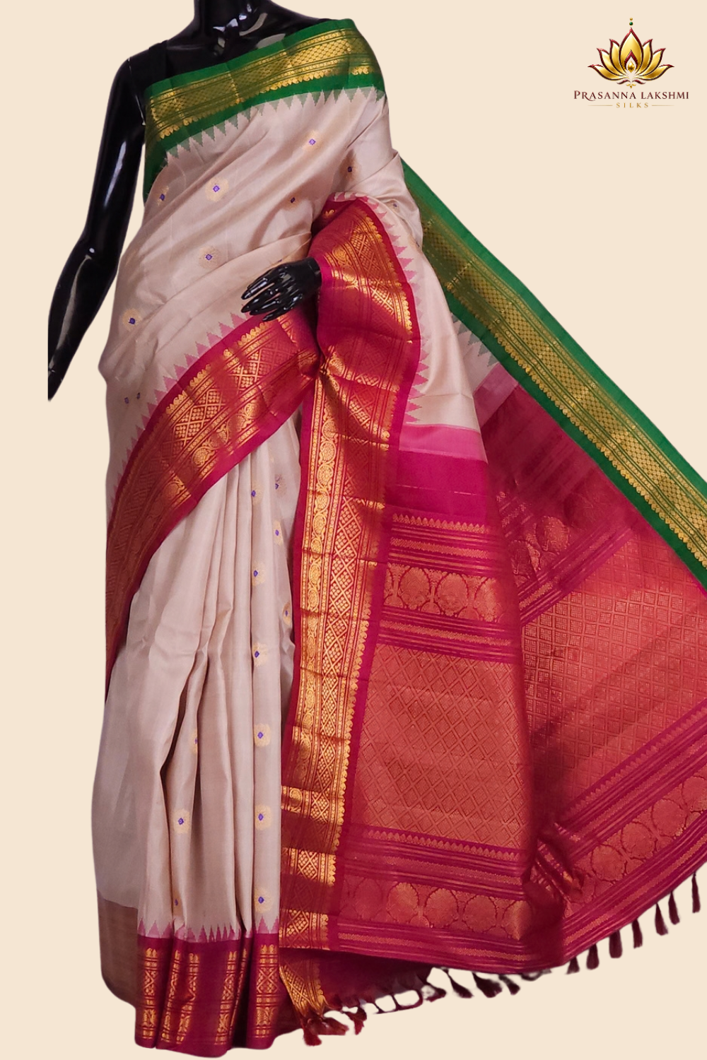 Handloom Gadwal pure silk saree with zari woven motifs
