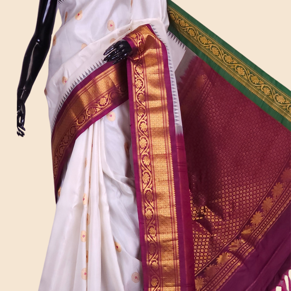 Handloom Gadwal pure silk saree with zari woven motifs
