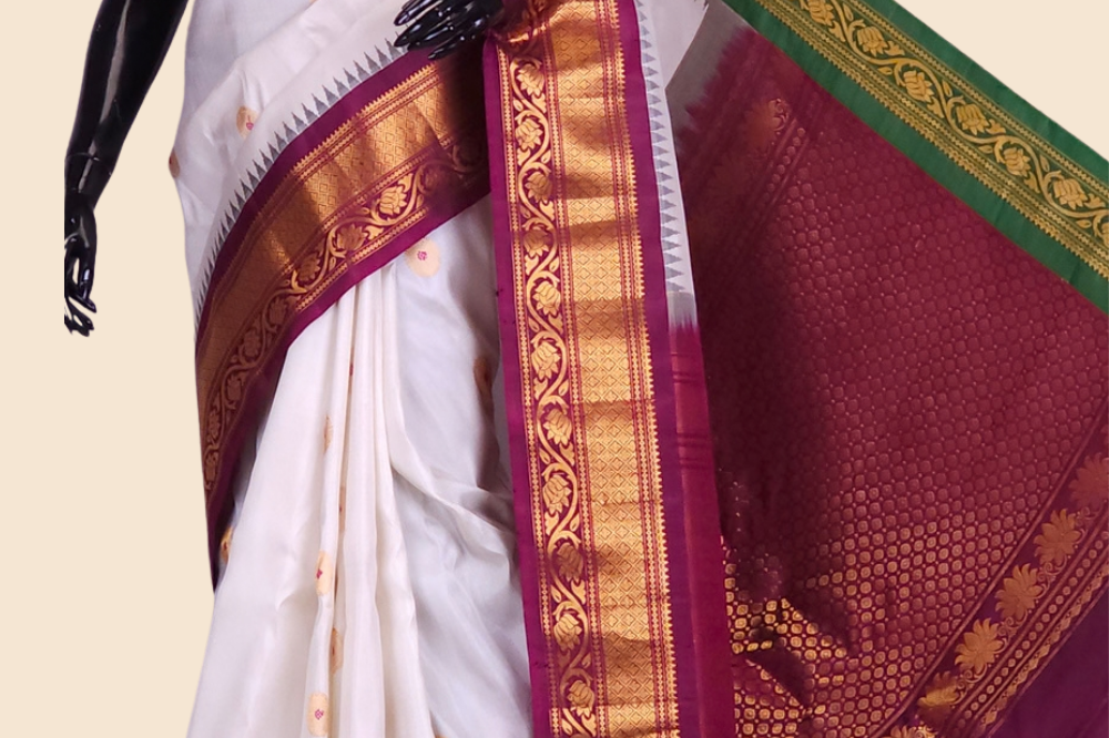 Handloom Gadwal pure silk saree with zari woven motifs
