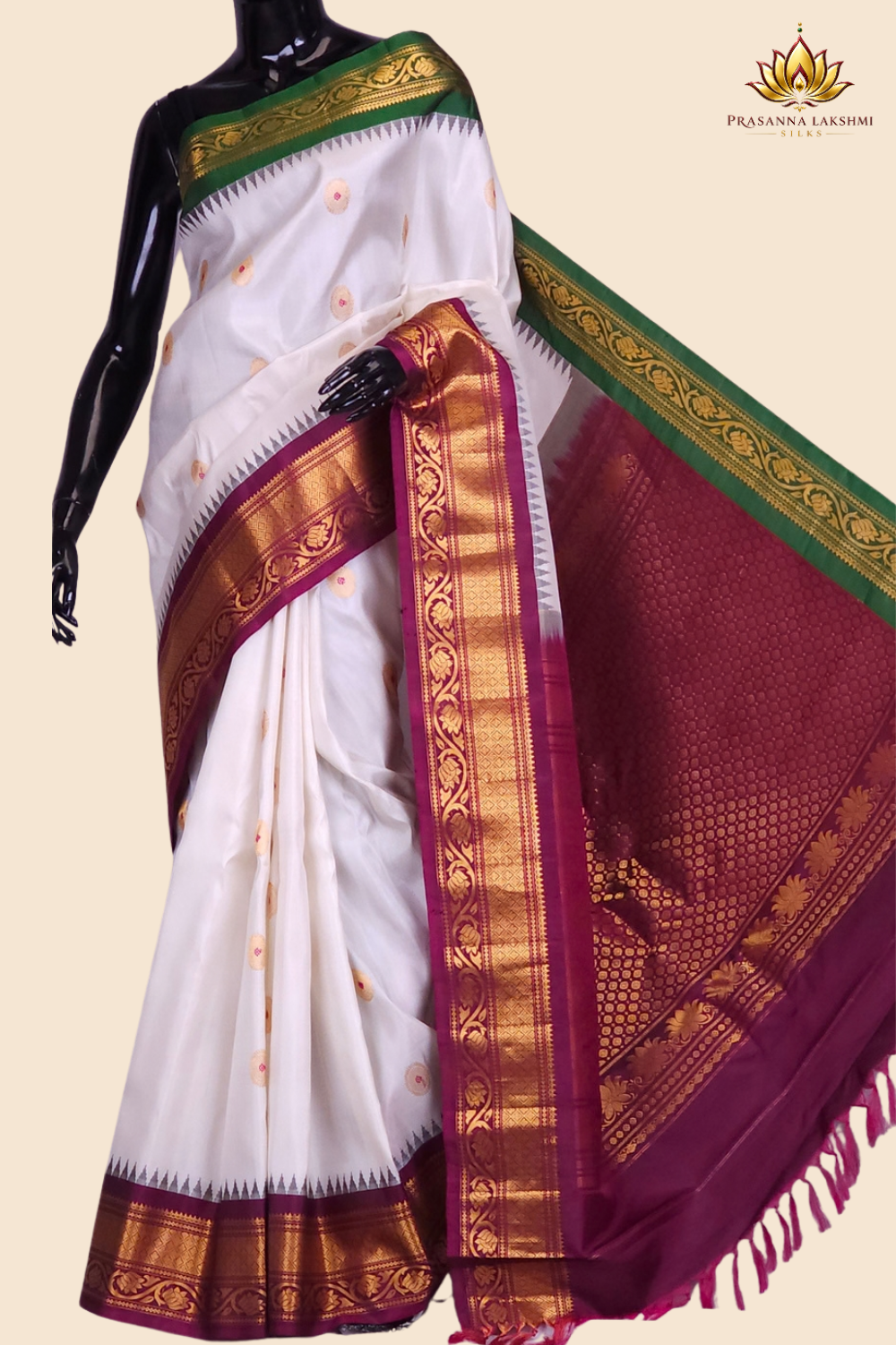 Handloom Gadwal pure silk saree with zari woven motifs
