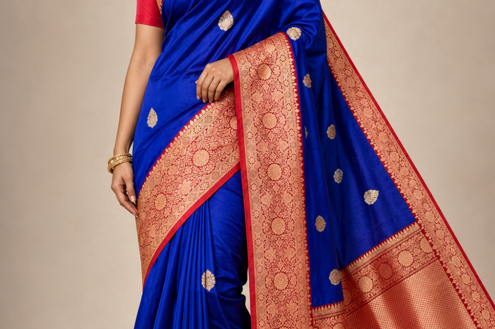Banarasi pure silk saree with vibrant contrast borders and intricately designed pallu.
