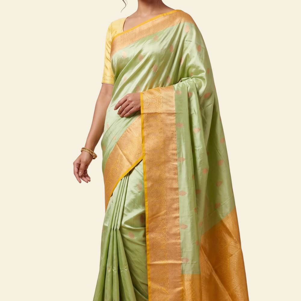 Banarasi pure silk saree with vibrant contrast borders and intricately designed pallu.
