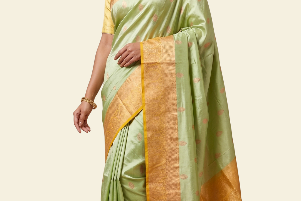 Banarasi pure silk saree with vibrant contrast borders and intricately designed pallu.
