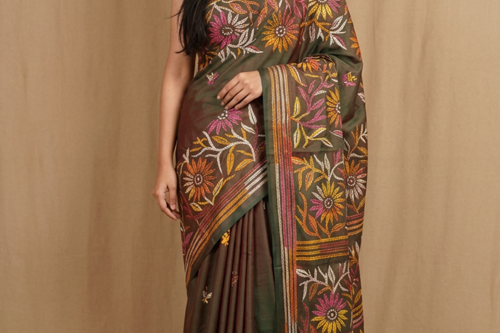 Semi Bangalore silk saree with all-over hand Kantha work and rich embroidered pallu.