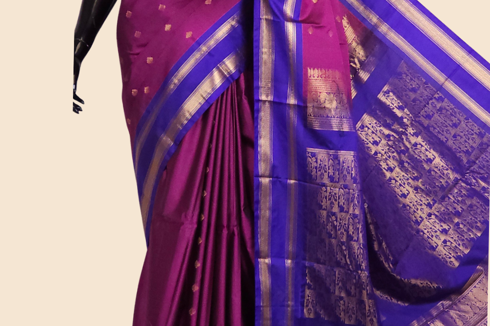 Semi Gadwal saree with horizontal zari motif stripes and zari woven gap borders
