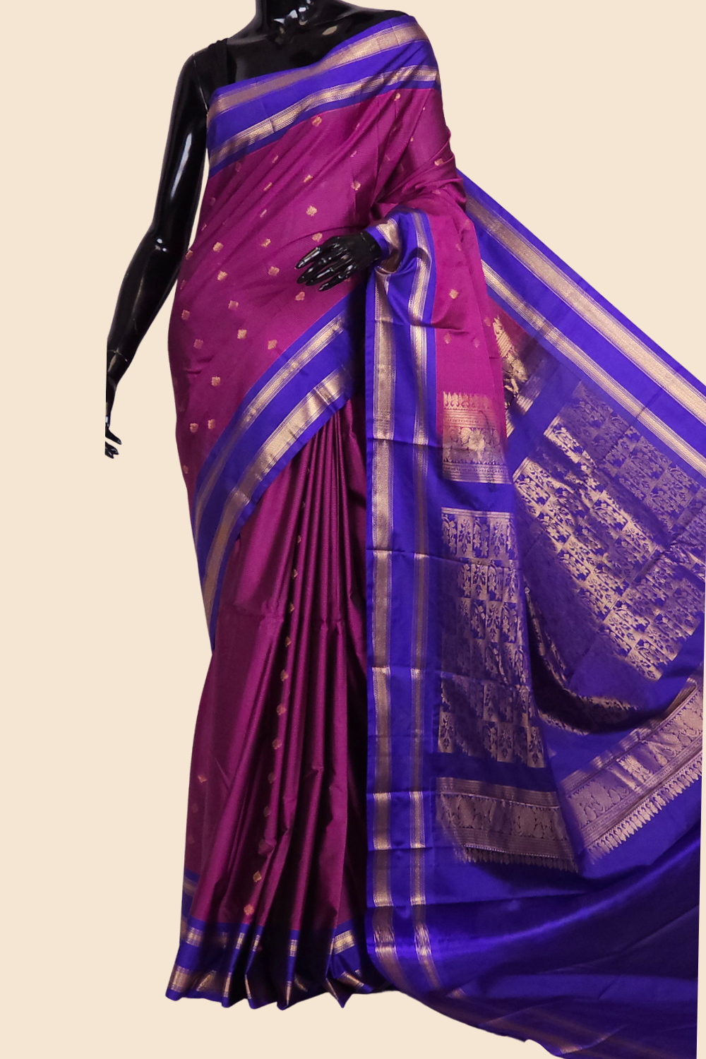 Semi Gadwal saree with horizontal zari motif stripes and zari woven gap borders
