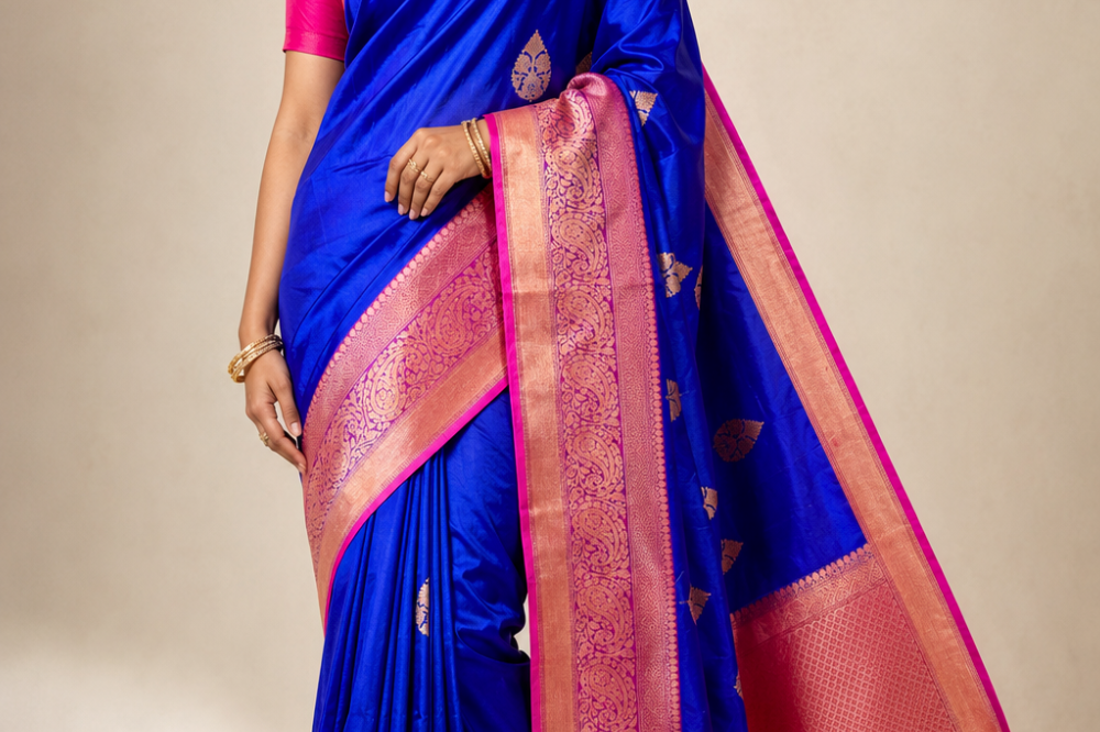 Banarasi pure silk saree with vibrant contrast borders and intricately designed pallu.
