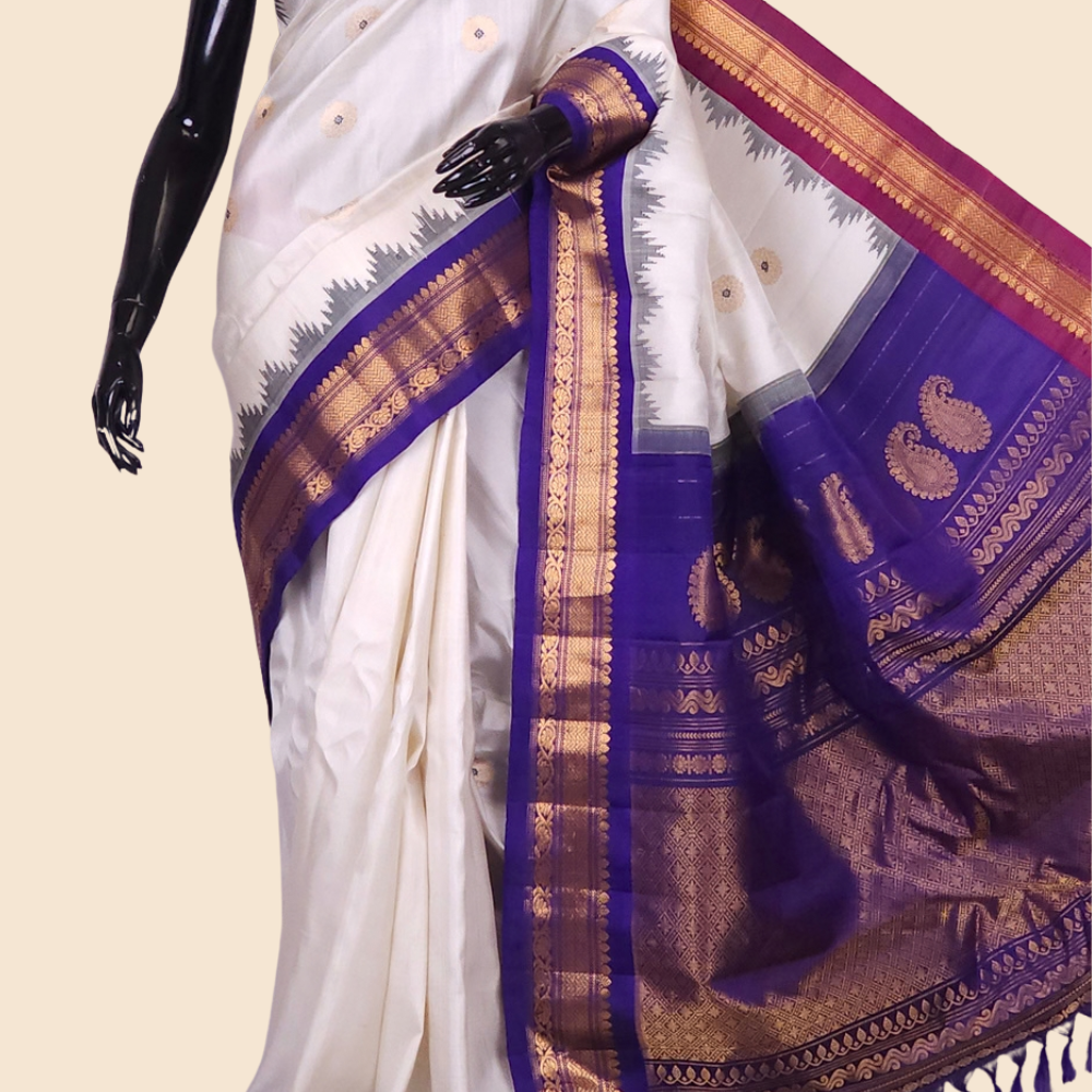 Handloom Gadwal pure silk saree with zari woven motifs
