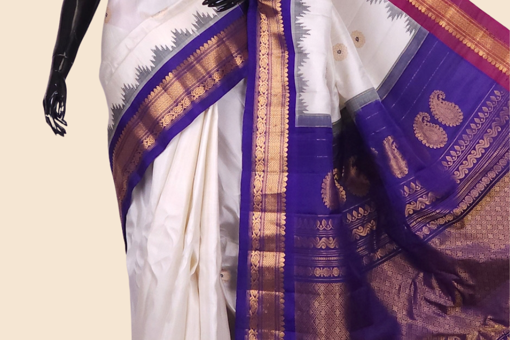 Handloom Gadwal pure silk saree with zari woven motifs
