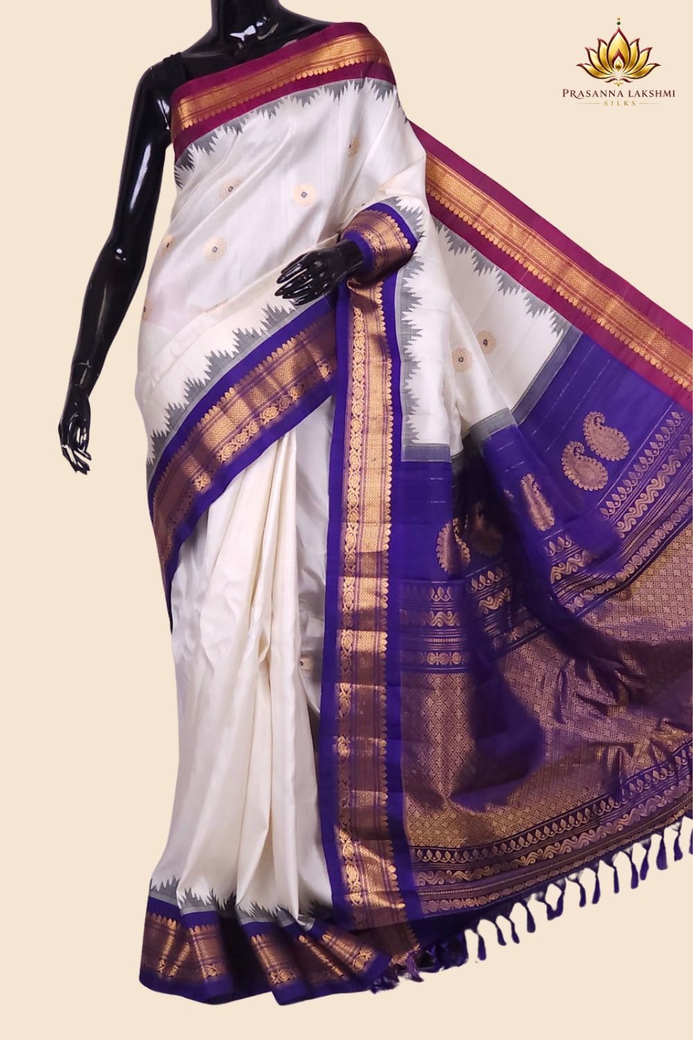 Handloom Gadwal pure silk saree with zari woven motifs
