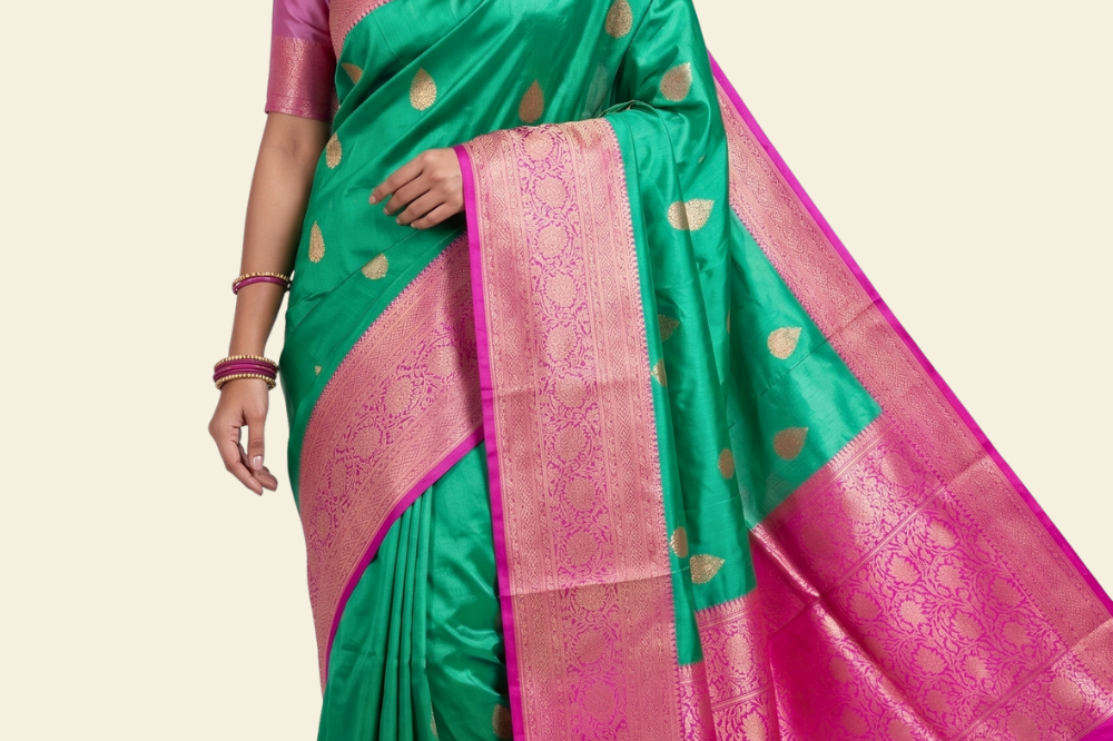 Banarasi pure silk saree with vibrant contrast borders and intricately designed pallu.
