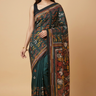 Semi Bangalore silk saree with all-over hand Kantha work and rich embroidered pallu.