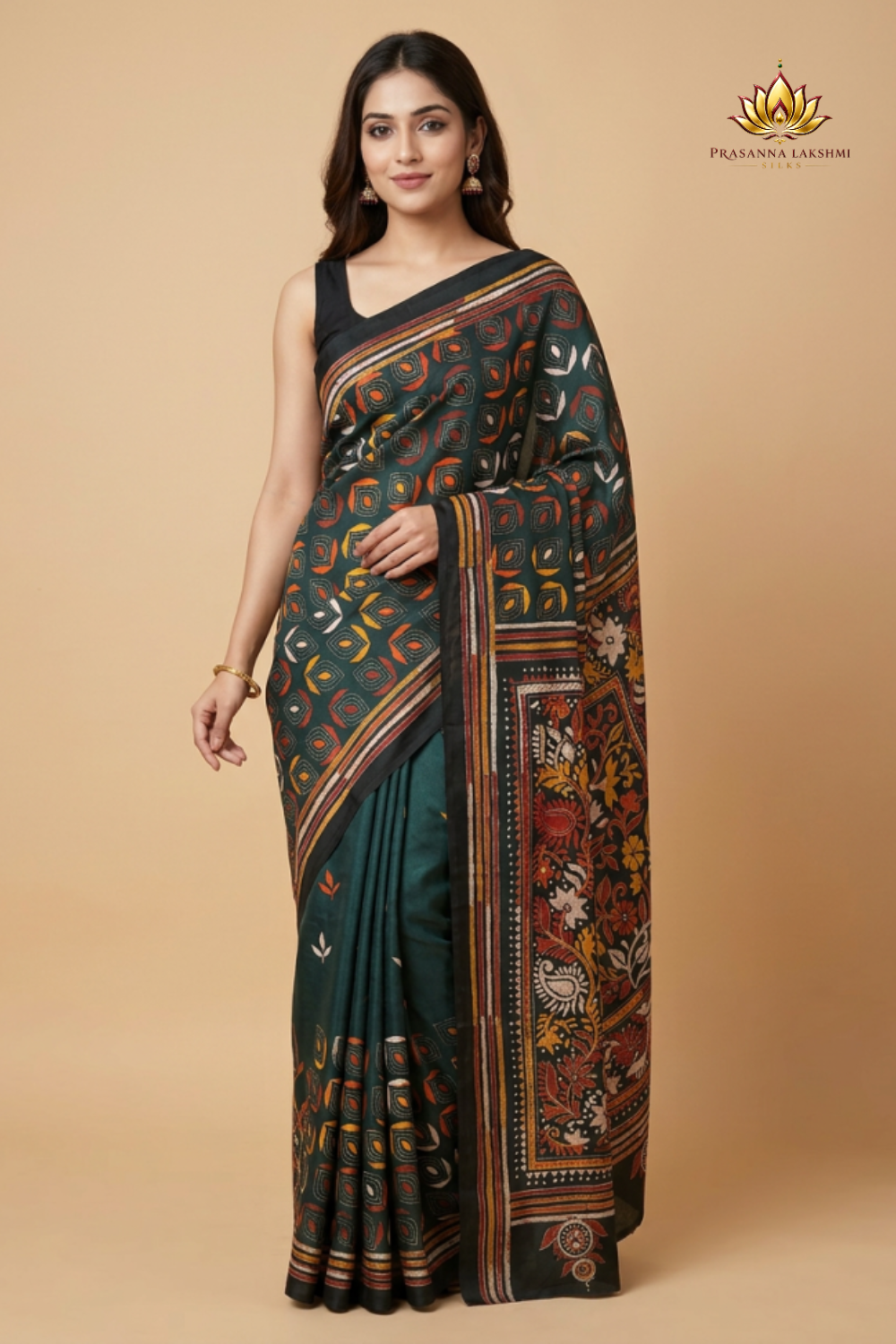 Semi Bangalore silk saree with all-over hand Kantha work and rich embroidered pallu.