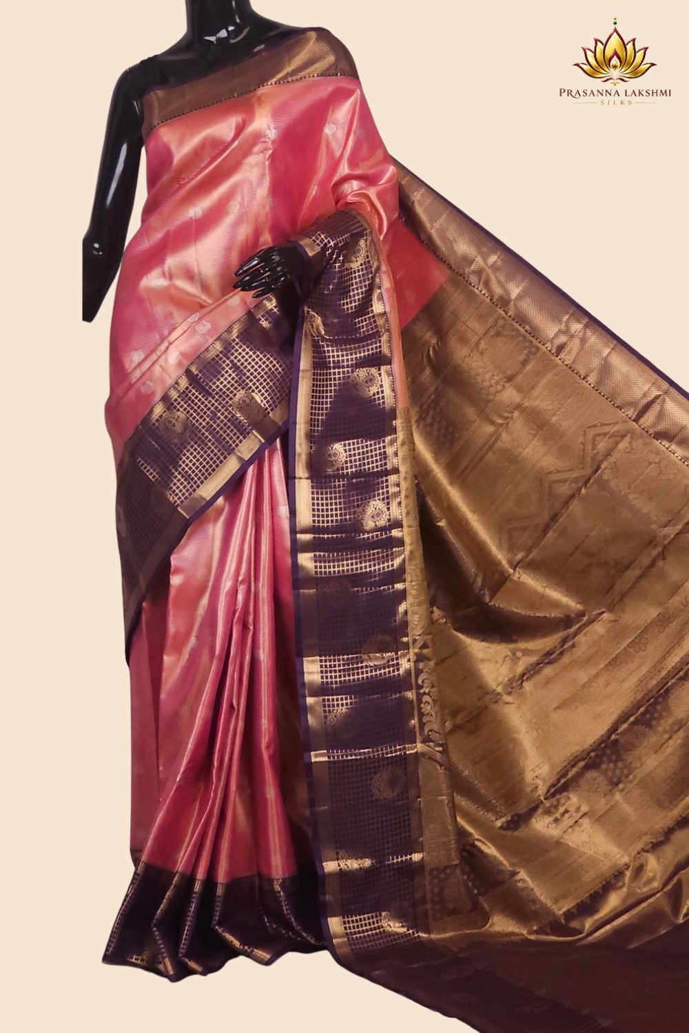 Semi Kanjeevaram silk saree with allover zari checks and motifs and contrast zari border
