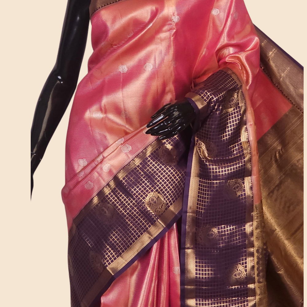 Traditional semi Kanjeevaram saree featuring rich brocade pallu and contrast blouse
