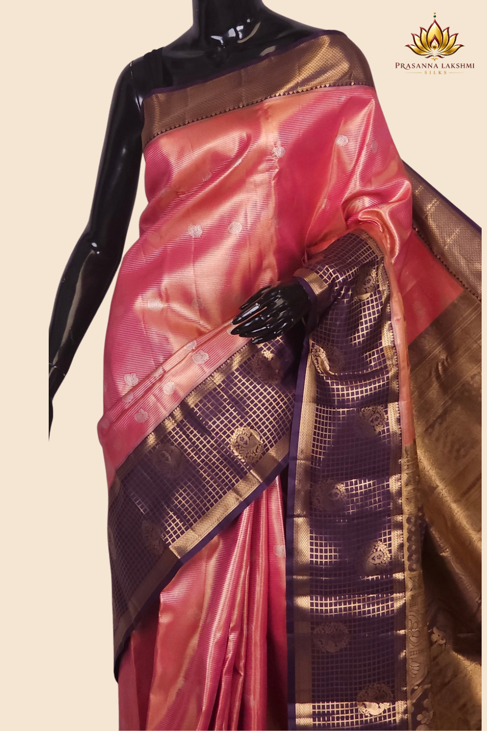 Traditional semi Kanjeevaram saree featuring rich brocade pallu and contrast blouse
