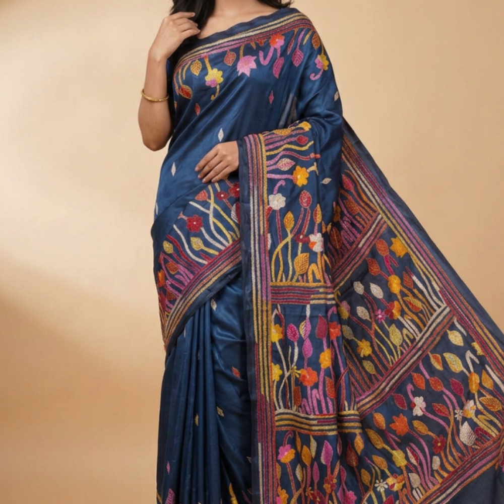 Semi Bangalore silk saree with all-over hand Kantha work and rich embroidered pallu.
