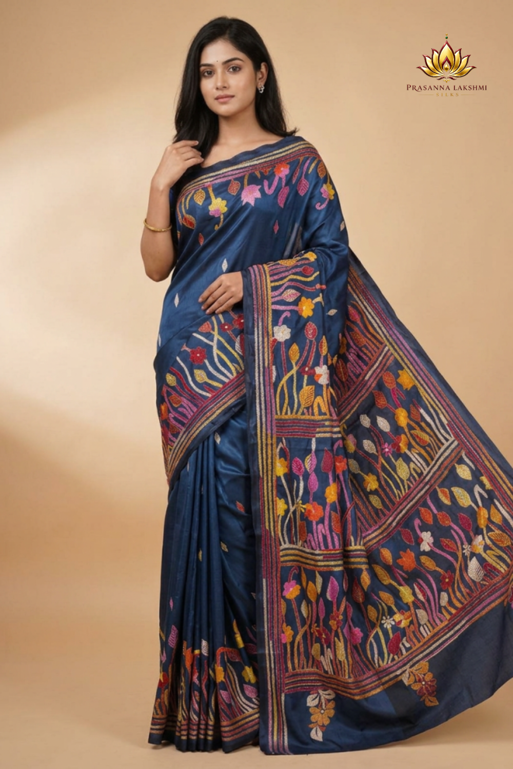 Semi Bangalore silk saree with all-over hand Kantha work and rich embroidered pallu.
