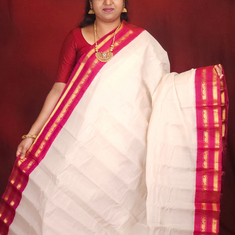 Lightweight Gadwal cotton saree featuring elegant zari border and striped pallu design.
