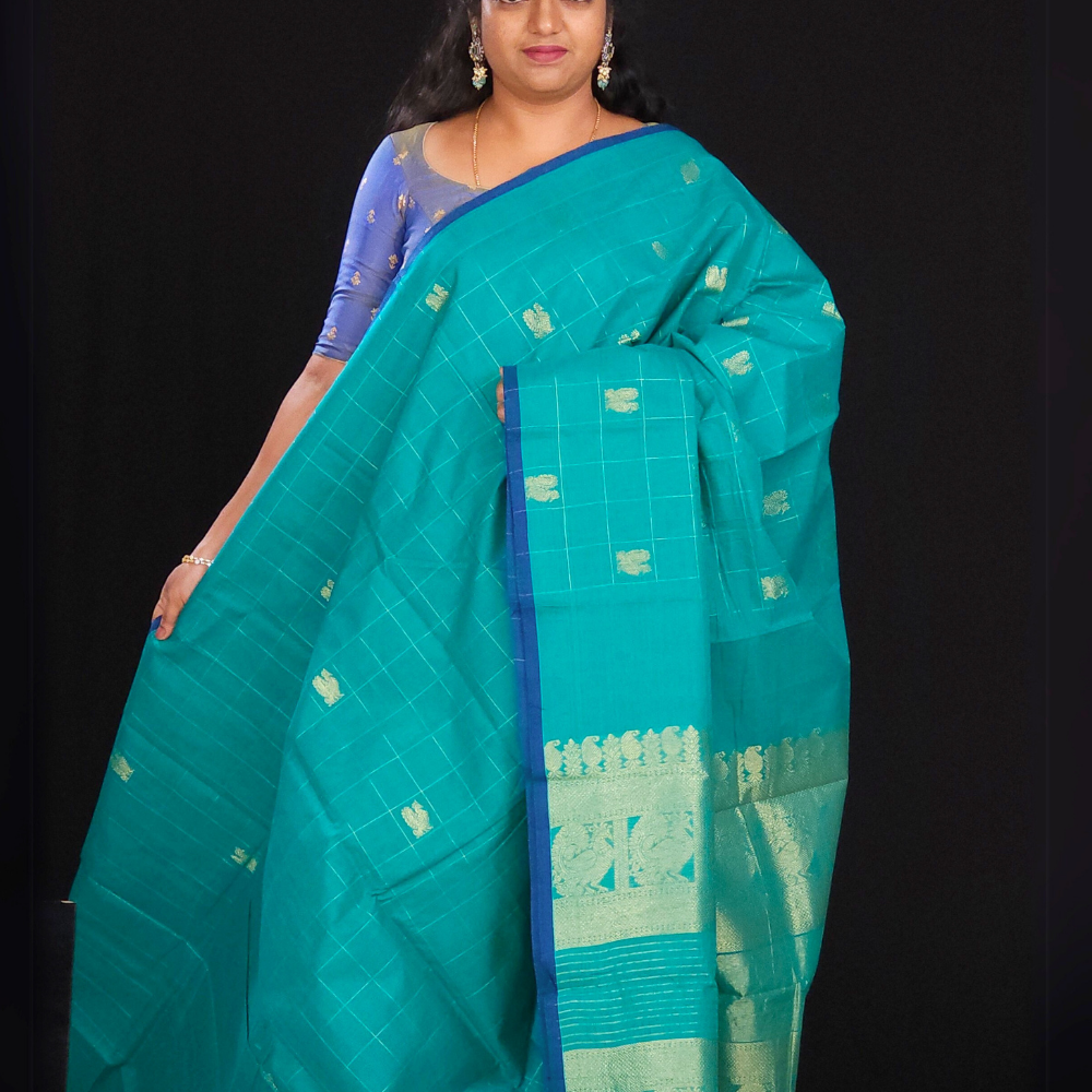  Rama Green  Kanjeevaram cotton saree with zari woven pallu and blouse
